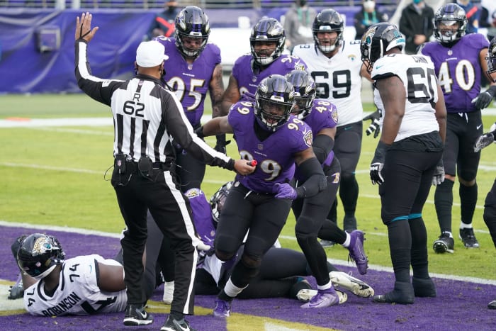 Judon reacts after sacking Jacksonville Jaguars quarterback Gardner Minshew II.